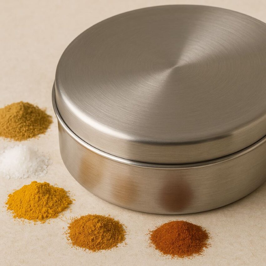 a brushed stainless steel spice box with its lid on, surrounded by colorful piles of turmeric, chili powder, curry powder, and salt on a neutral surface, highlighting the box’s smooth finish and durability.