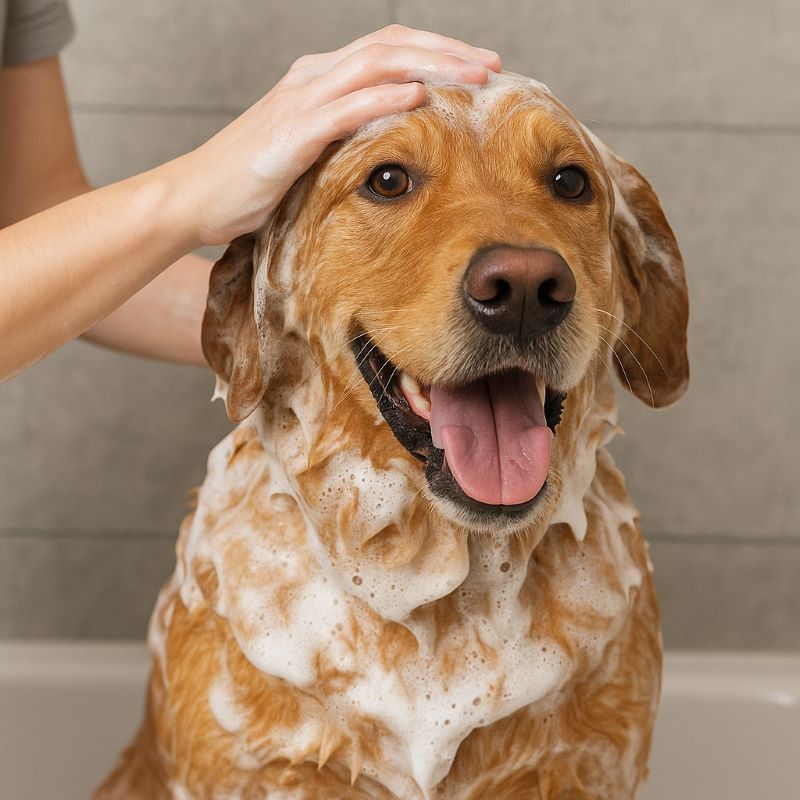 bathing dog with Only Natural Pet EasyDefense Flea & Tick Shampoo