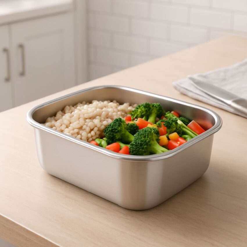 Open stainless steel container showing hearty meal inside – rice and vegetables in a clean kitchen