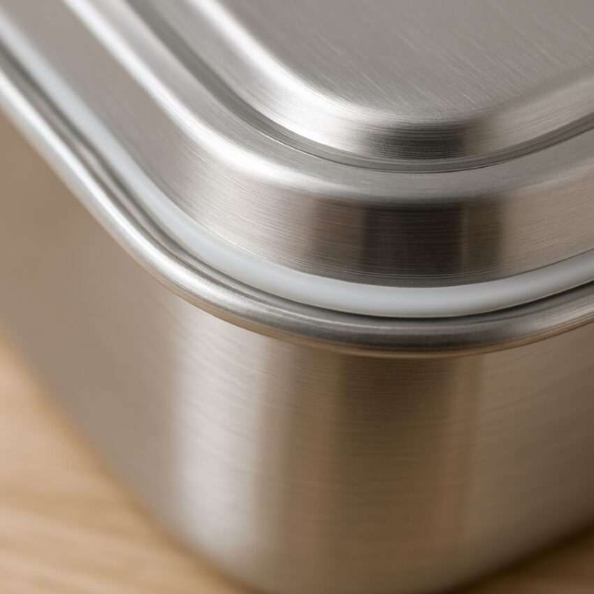 Close‑up of stainless steel container lid edge and silicone gasket seal