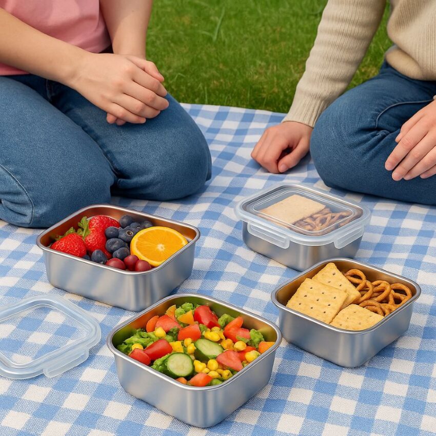 Palksky stainless steel containers filled with colorful salad, fruit, and snacks on a picnic blanket