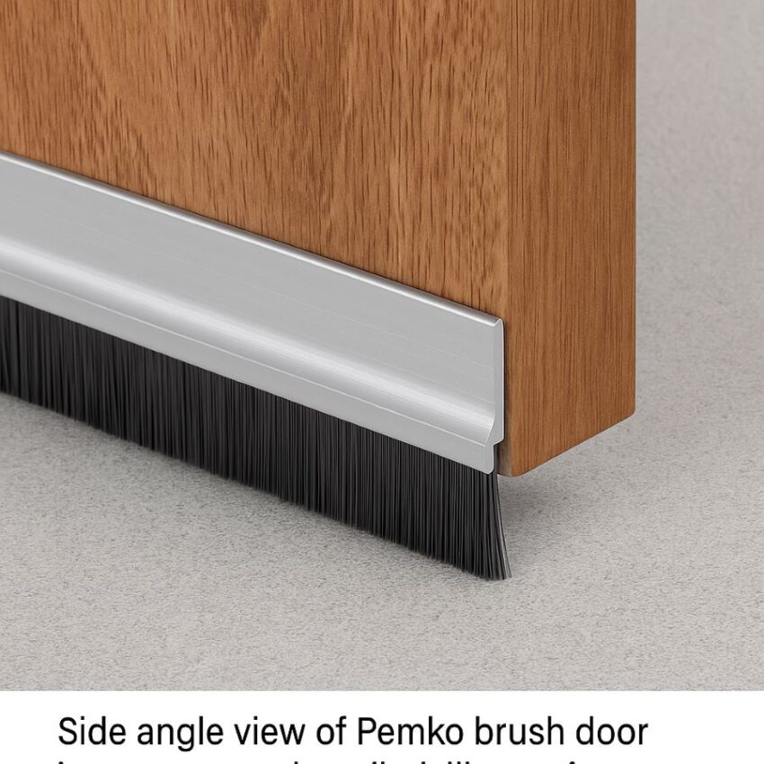 Side angle view of Pemko brush door bottom sweep installed, illustrating tight seal and discreet aluminum finish