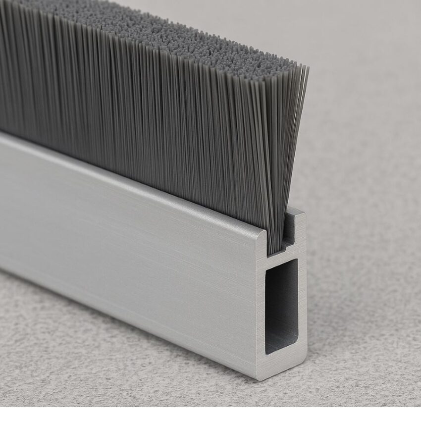 End detail of Pemko 18061CNB brush sweep, showing how gray nylon brush inserts into the clear anodized aluminum holder