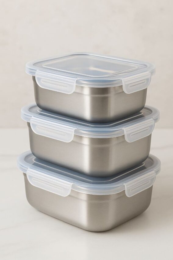 Stacked stainless steel food containers with silicone‑lined snap lids