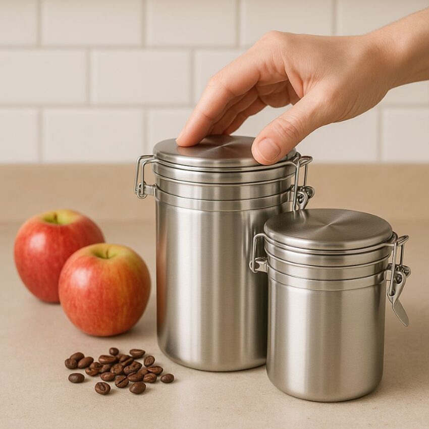 Hand clamping the lid on a stainless steel canister beside apples and coffee beans in a kitchen scene