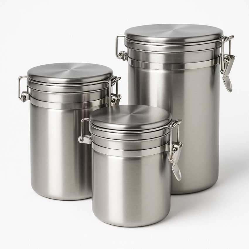 Three stainless steel canisters grouped together with visible lid clamps, on a white background, showing varying heights.