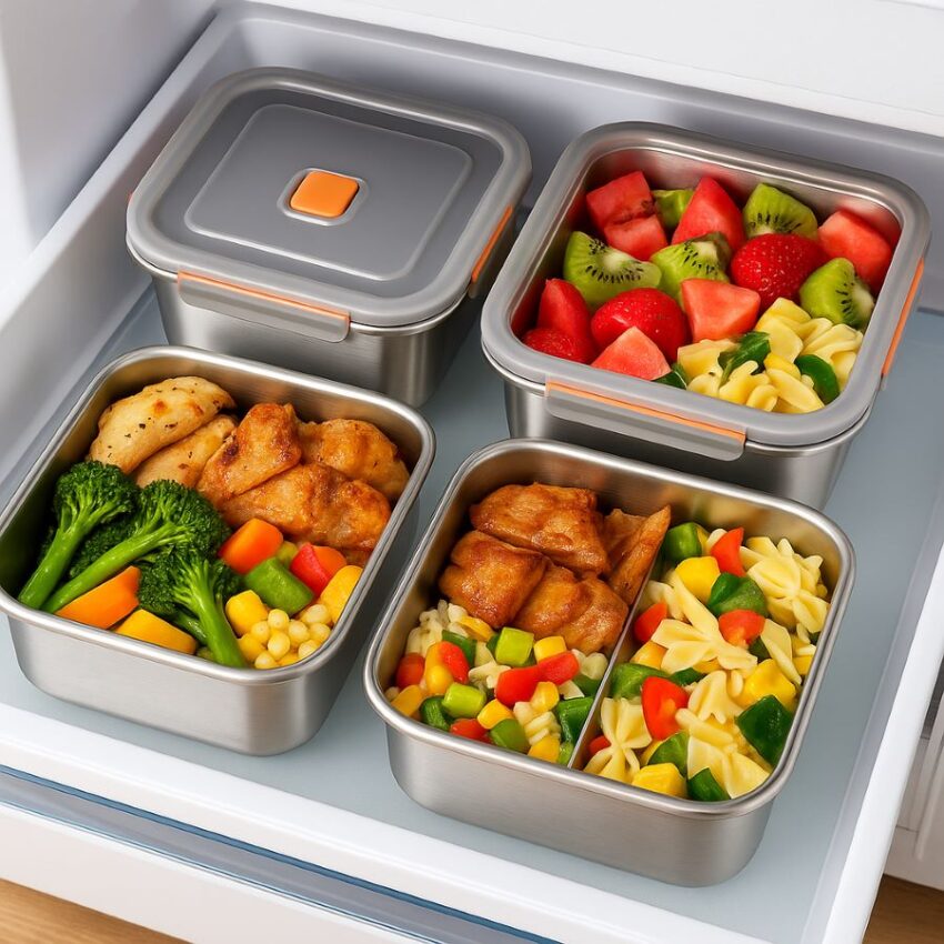 Stainless steel containers organized in fridge drawer with fresh meals inside, showing freezer/fridge safe use