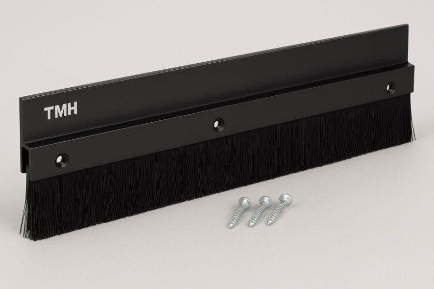 TMH Black Aluminum Door Sweep with 2‑inch nylon brush and installation screws