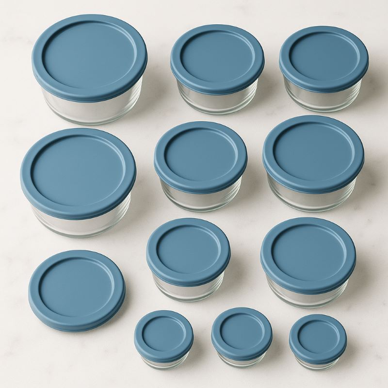 Complete 10‑piece Anchor Hocking TrueSeal set in Mineral Blue showing all round glass containers with lids