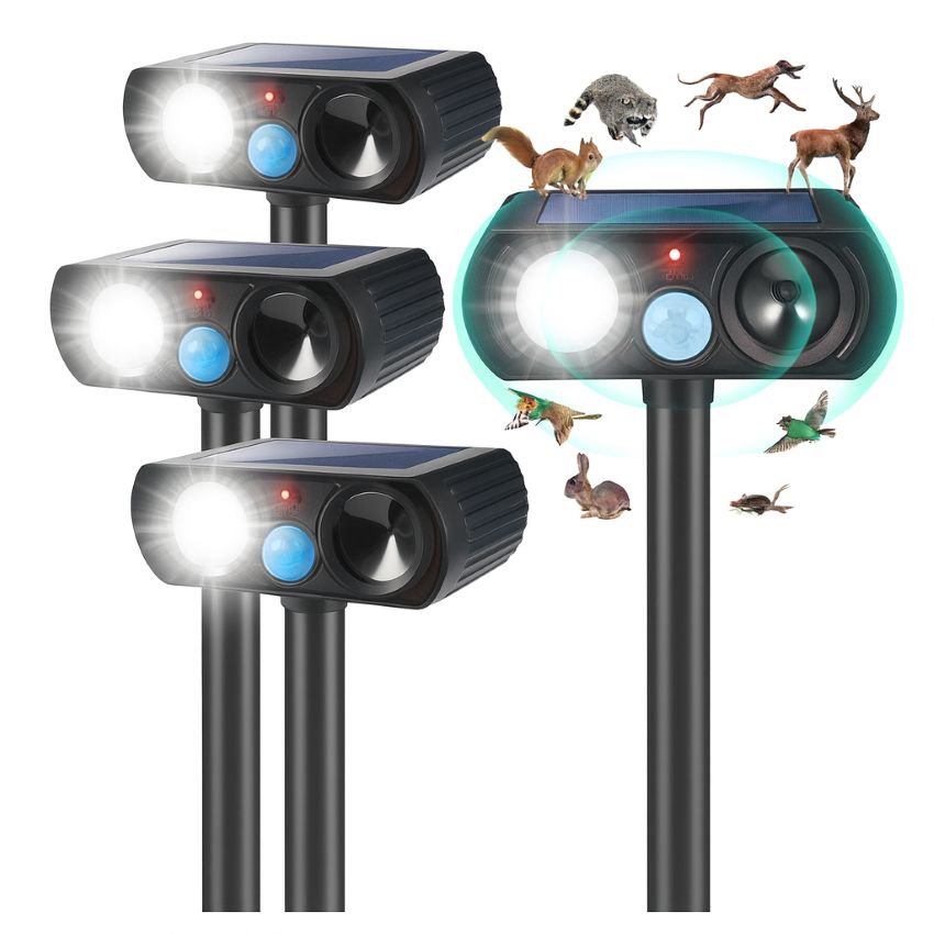 4-pack solar ultrasonic animal repeller units with flashing LED light and motion sensor, arranged on white background with icons of deer, raccoon, squirrel, cat, skunk, and fox to show targeted pests.