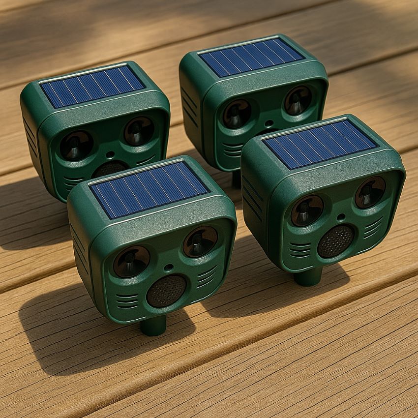 All four solar animal repellent units arranged on a wooden deck in direct sunlight, each with its solar panel top visible, ready to deploy