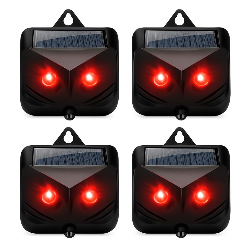 4‑pack solar predator repeller lights displayed together, front view of units