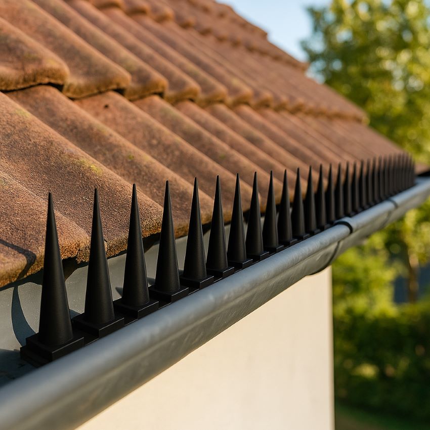 Clear bird spikes installed on gutter edge of residential roof, blending into surface to deter pigeons