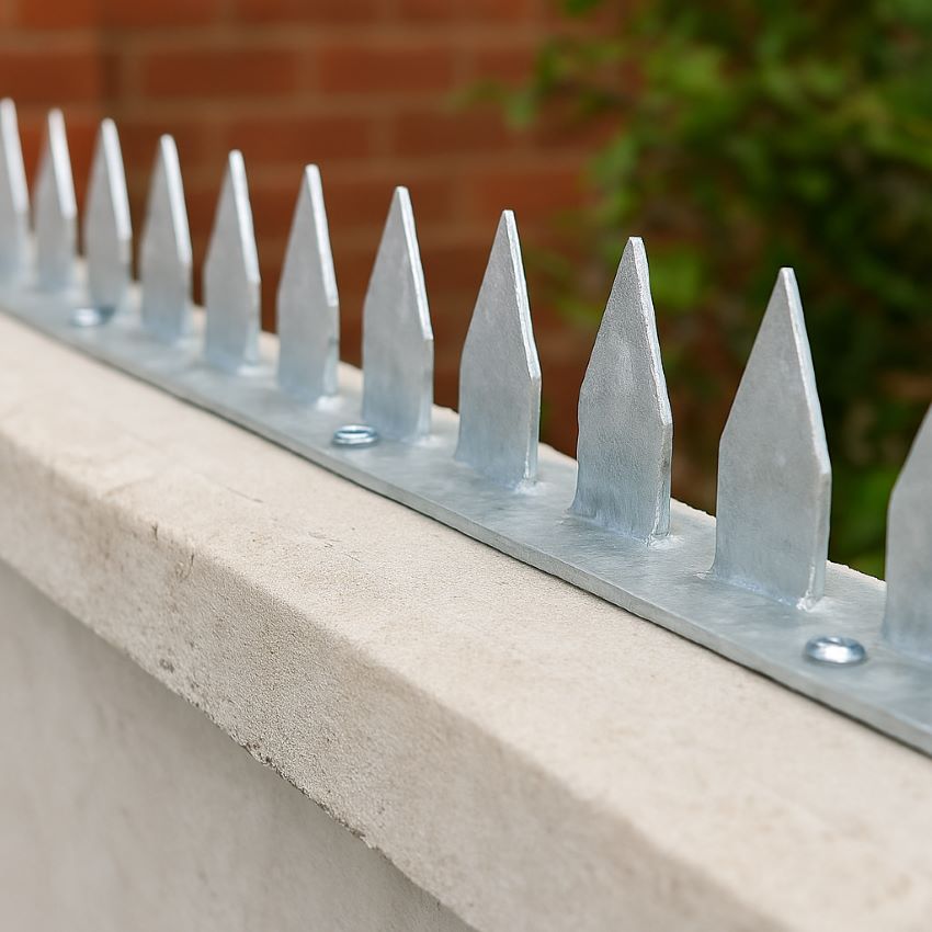 A row of galvanized metal spikes fixed along a concrete wall edge, illustrating coverage and durability.