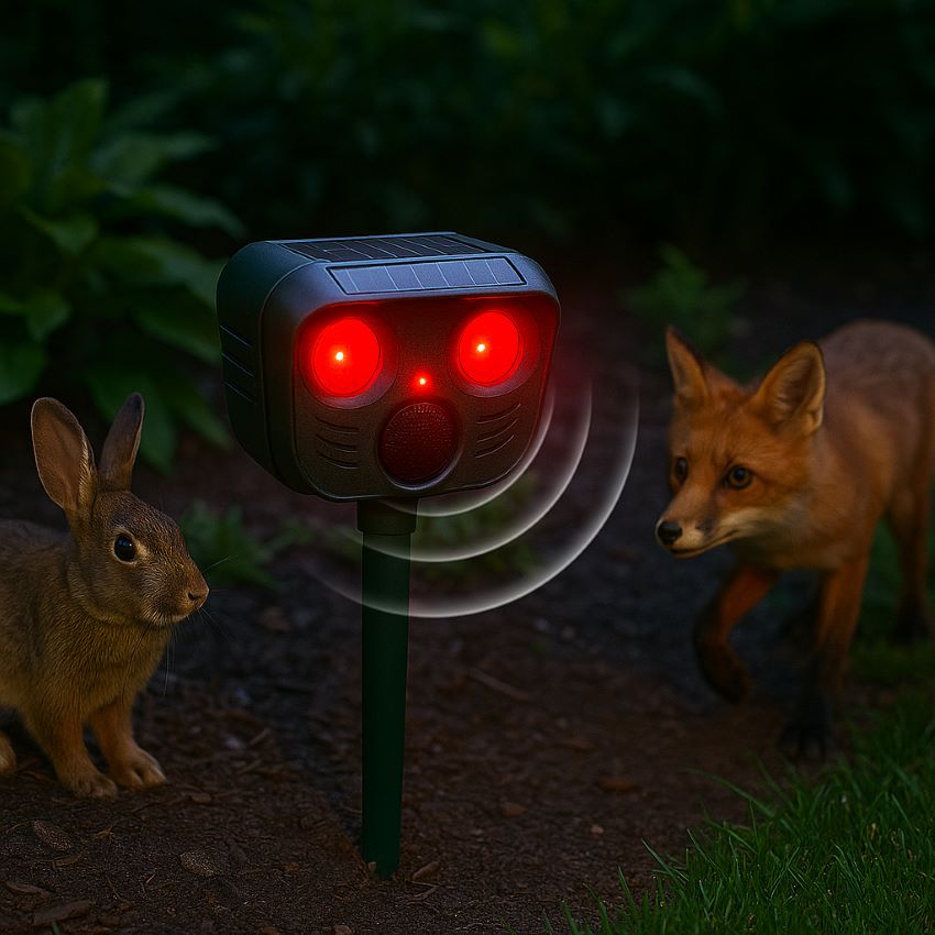 a single Animal repellent flashing LED light and ultrasonic waves indicating motion detection, with a rabbit and fox backing away