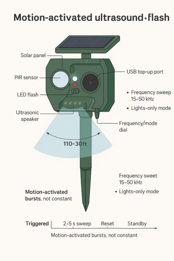 Annotated diagram of a solar ultrasonic repeller that labels PIR sensor, speaker, LEDs, and frequency dial