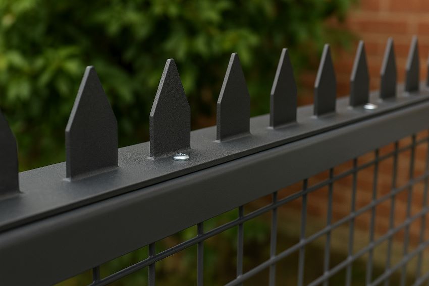 Anti‑climb spikes attached to a metal railing fence, demonstrating application on thin or open‑grid surfaces.