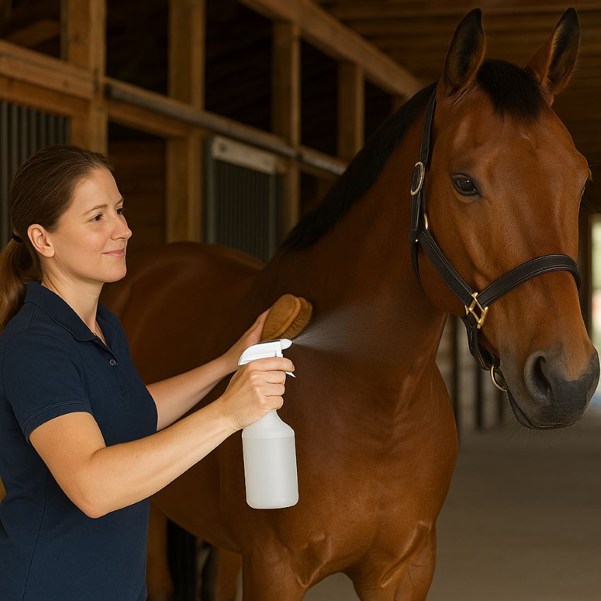 Woman spraying fly control mix on a calm horse in the barn aisle