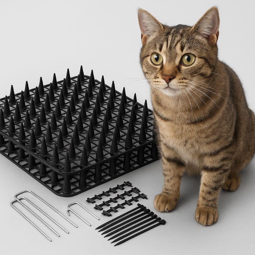Black spike scat mat sheet with included garden staples and connectors shown alongside a curious cat