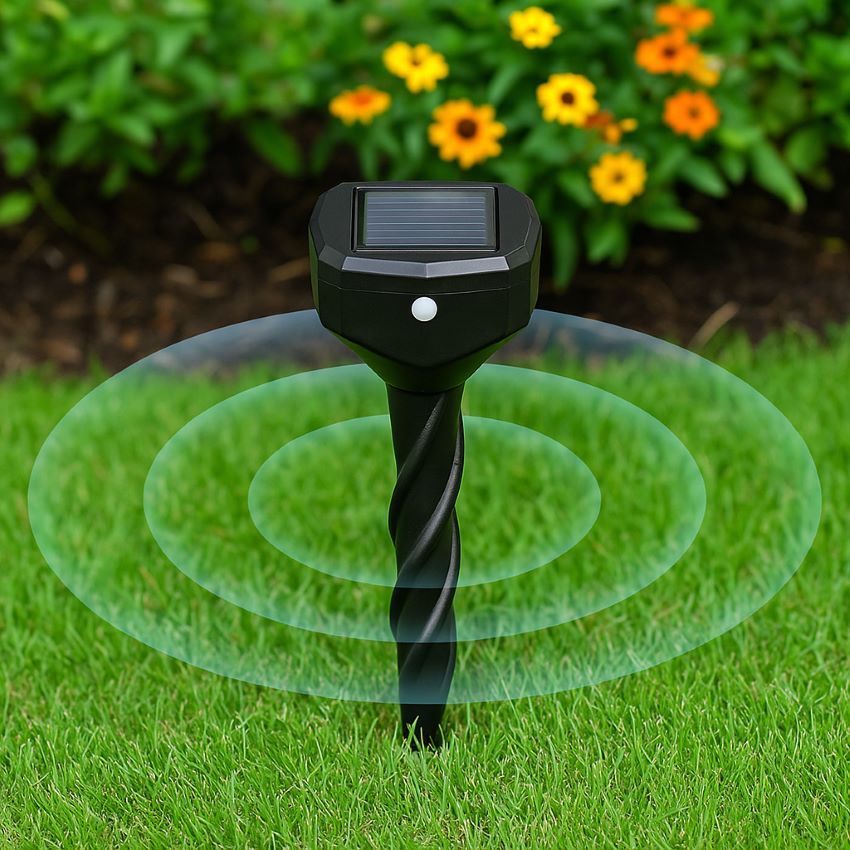Repeller stake in yard with graphic rings radiating out to demonstrate vibration and ultrasonic coverage radius