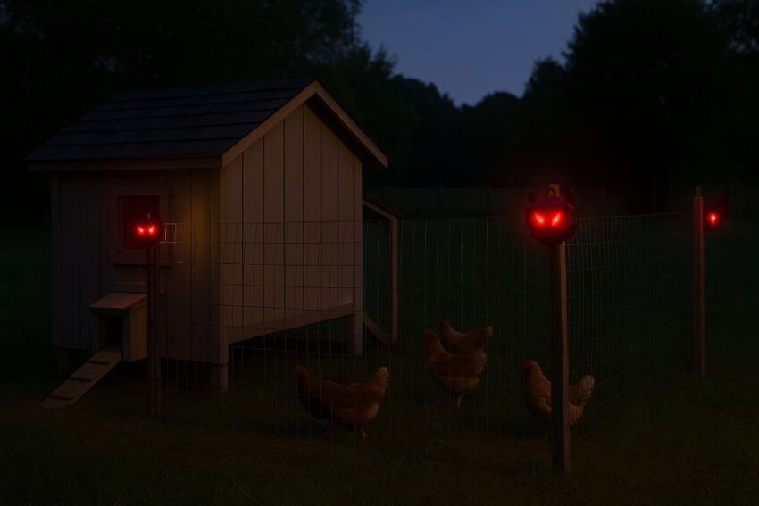Chicken coop at dusk with solar predator lights flashing outward along the fence perimeter