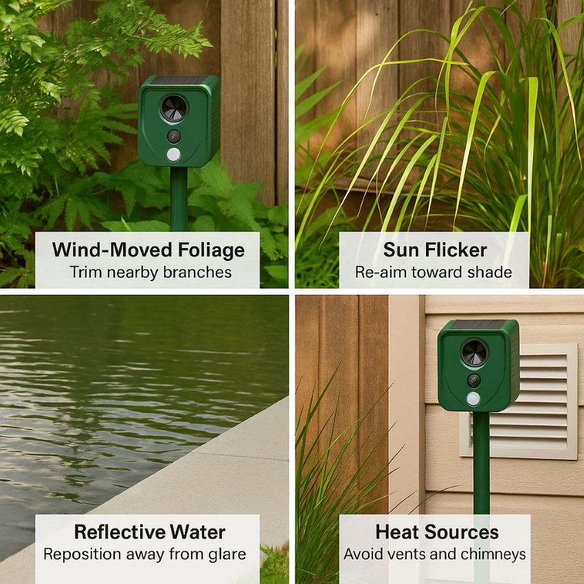 Common outdoor PIR false-alarm causes, wind-moved foliage, sun flicker, reflective water, and heat sources, with simple fixes