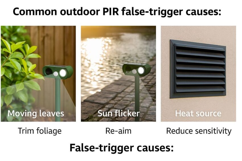 Common outdoor PIR false-trigger causes, moving leaves, sun flicker, reflections, and heat sources, with tips to reduce them