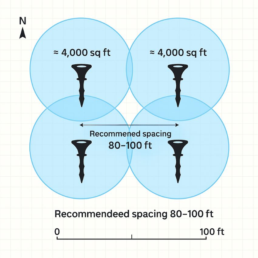 Sketch showing how each stake covers a circular area showing overlapping protection zones