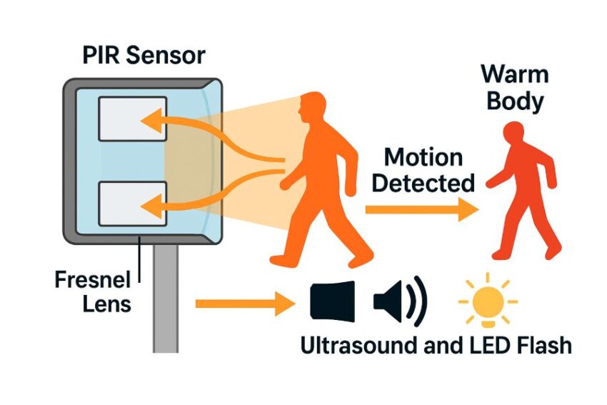 Diagram of a PIR sensor with two elements detecting a moving warm body, which triggers ultrasound and LED flash