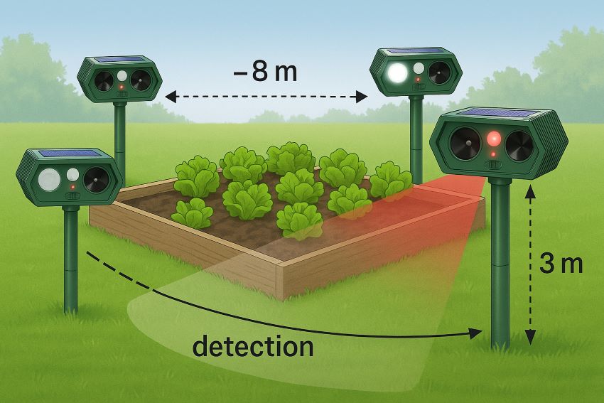 Illustration showing detection cone, estimated 8 m range and recommended 3 m spacing between units around a garden bed