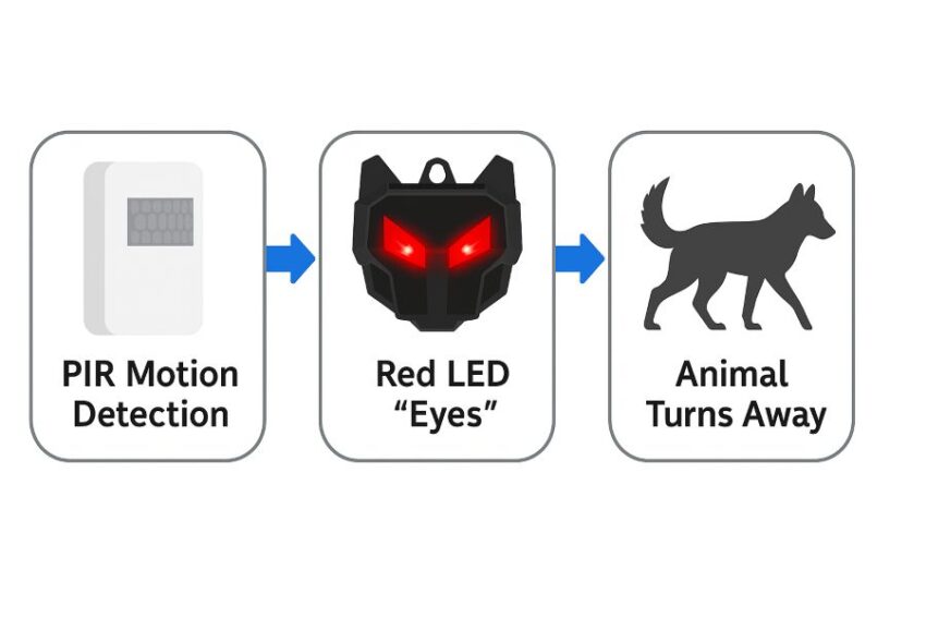 Diagram showing PIR motion detection triggering red LED ‘eyes’ to deter approaching animals