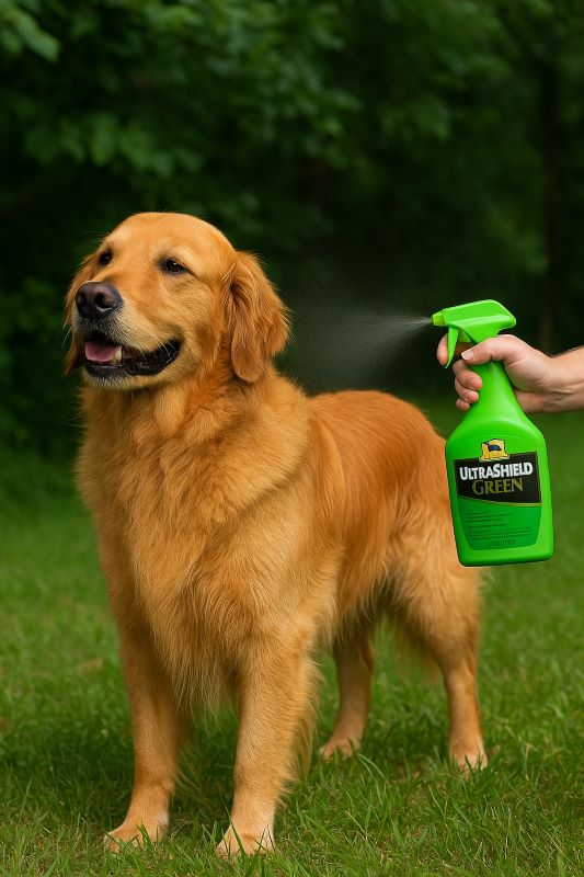 Golden retriever standing calmly as spray mist gently coats its back from the bottle held by a person