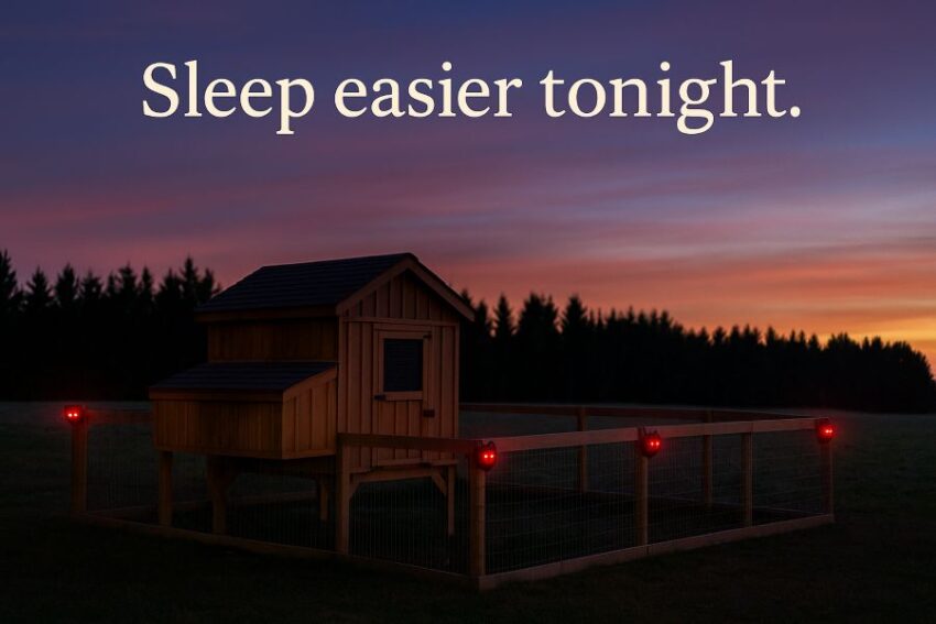 Dusk photo of secured coop with predator lights guarding the perimeter
