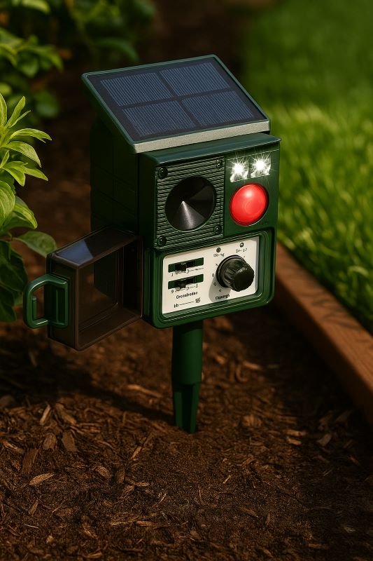 Solar animal repeller device staked in garden bed with solar panel tilted toward the sun, surrounded by mulch and flowerbed edge