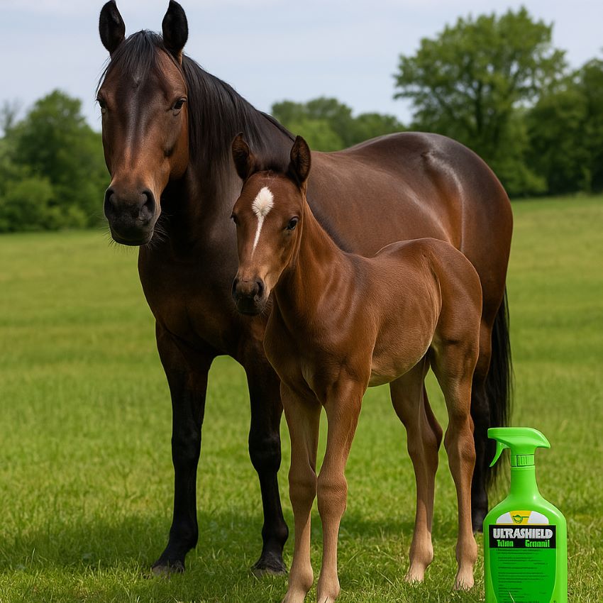 Mare and foal standing together in a pasture, with the UltraShield Green bottle placed safely in foreground