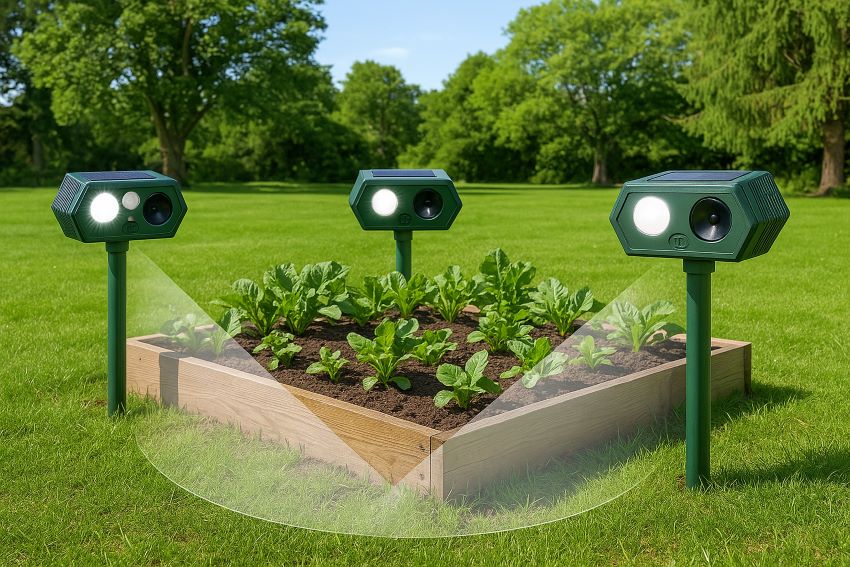 Four repeller units planted around a vegetable bed, each on a stake aimed toward the crop, showing coverage angles