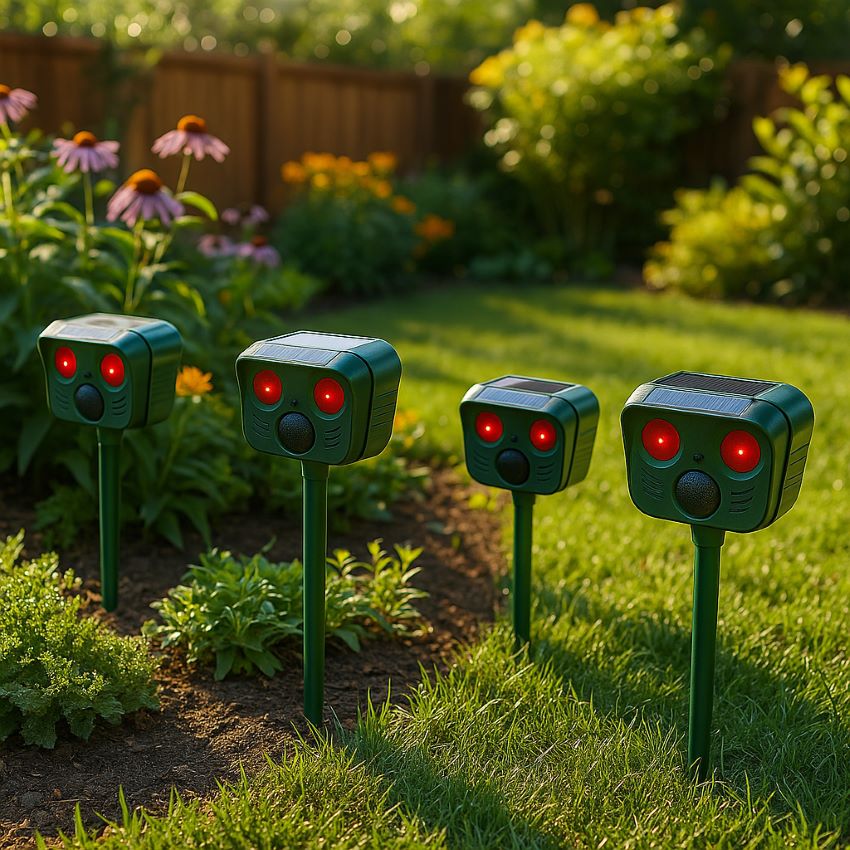 Four solar animal repellers staked in a lush backyard garden, each facing outward with sunlight shining on solar panels.