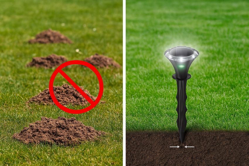 Split image: left side with fresh mole mounds, right side clear lawn after stake use
