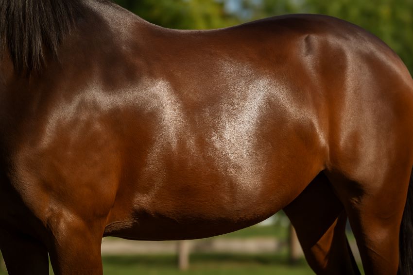 Shiny horse flank after Farnam Wipe application, sunlit and sleek