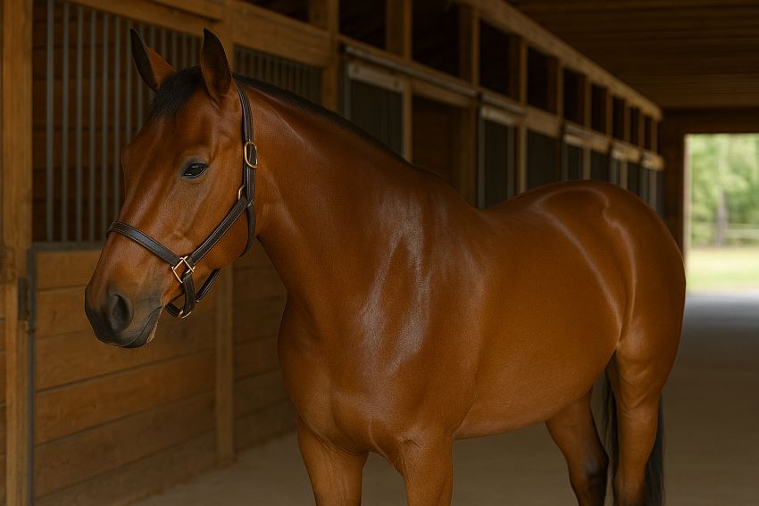 Groomed horse with shiny coat standing peacefully after fly spray application