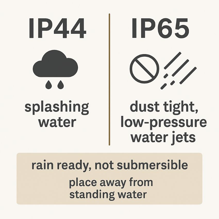 Infographic comparing IP44 splash resistance with IP65 dust tight plus low-pressure water jets, with a reminder not to submerge the unit.