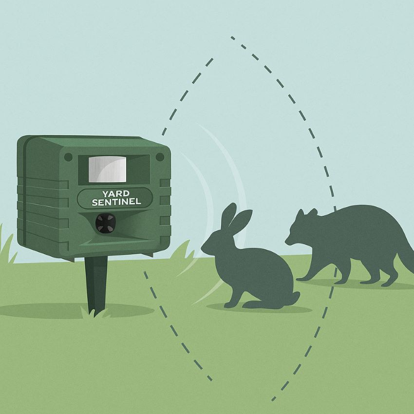 Illustration of rabbit and raccoon outside perimeter of Yard Sentinel ultrasonic coverage