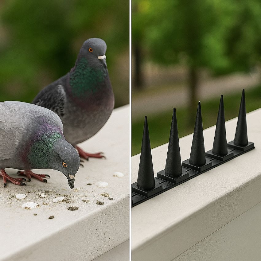 Before and after comparison: birds perching and droppings versus spike‑protected clean surface.