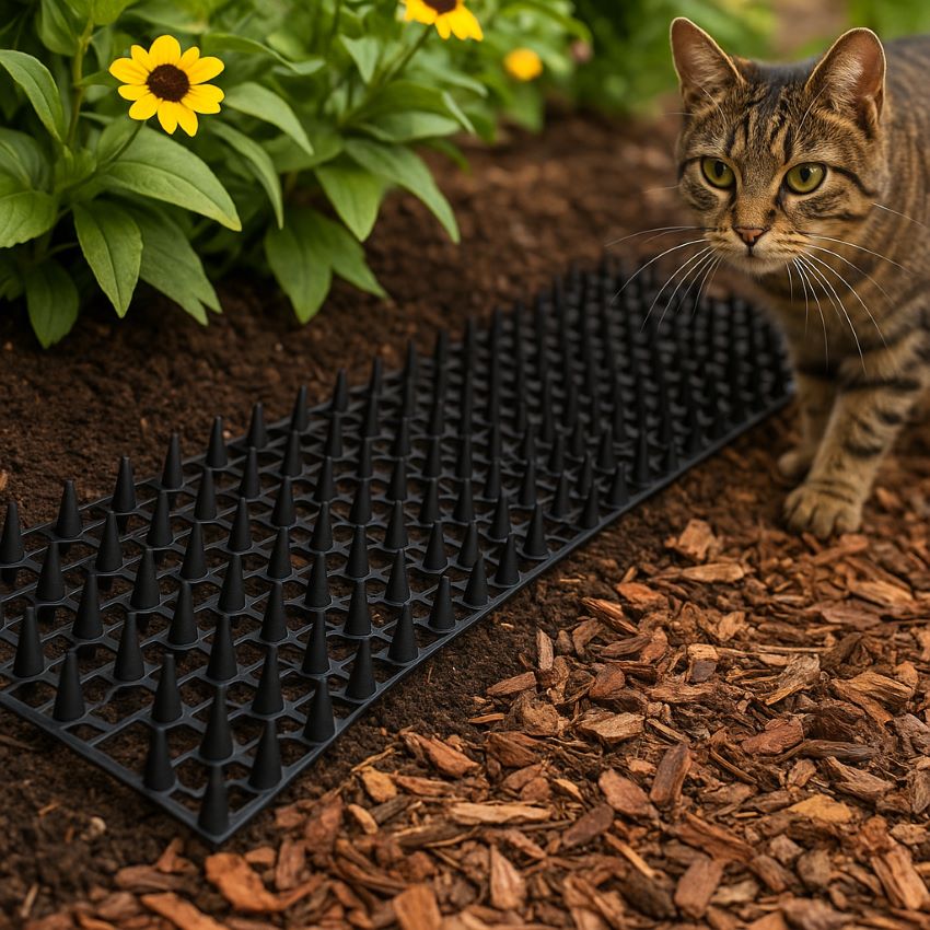 Spike mat installed along the edge of a flower bed with mulch covering the perimeter and a cat nearby