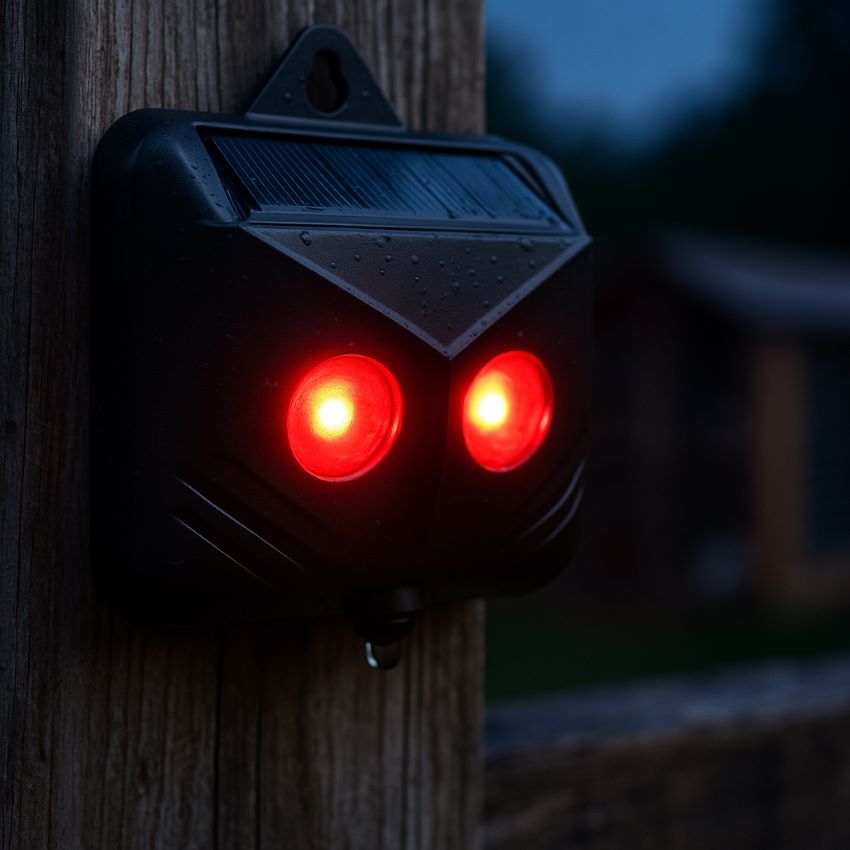 one repeller unit at night with flashing red predator‑eye LEDs