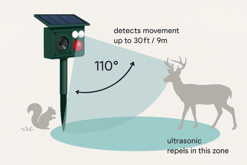 Diagram showing motion sensor cone (110°) and ultrasonic repelling zone (approx. 9 m radius) around solar animal repeller device