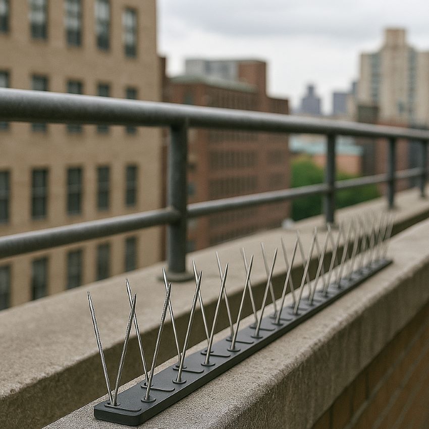 Bird spikes mounted on a narrow rooftop edge above handrail, preventing bird perching in a real‑life setting