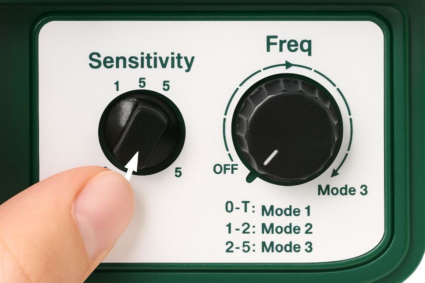 solar repeller’s Sensitivity and Frequency knobs labeled SENS and FREQ with clear markings