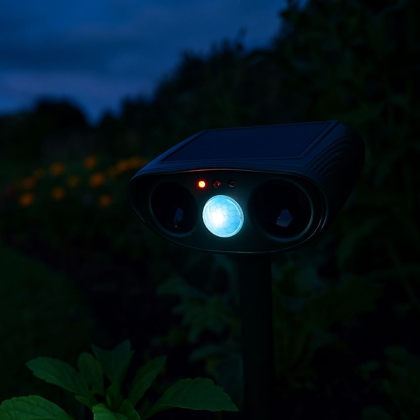 Outdoor ultrasonic repeller softly lit at dusk protecting plants under night sky
