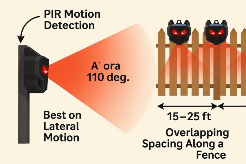 PIR detection cone around 110 degrees, best on lateral motion, with overlapping spacing along a fence.
